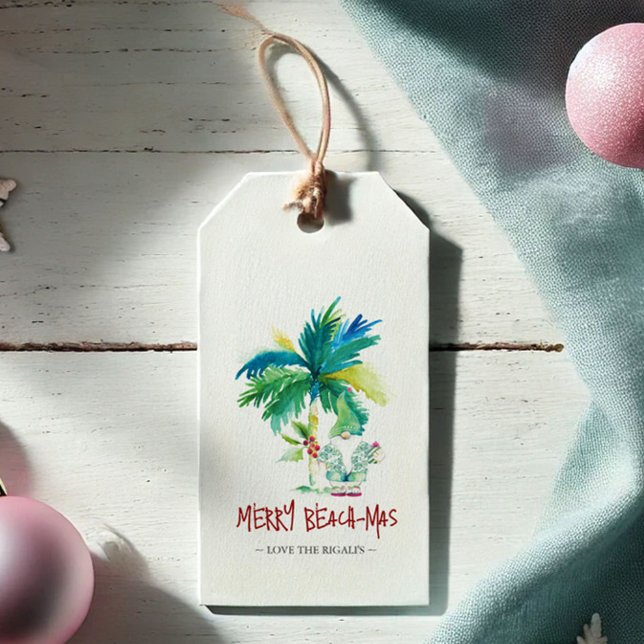 Christmas Gift Tags Cute Beach-mas (Beachmas Christmas tags tropical beach theme watercolor art by Victoria Grigaliunas Do Tell A Belle)