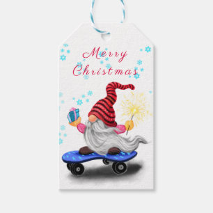 Christmas Gift Tags Happy Skater Gnome with Gift