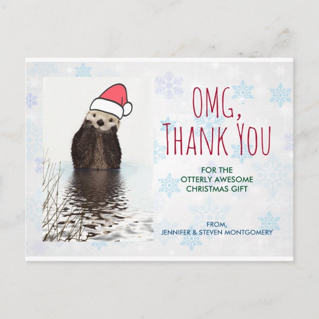 Christmas Gift Thank You Otter in Santa Hat Pun Postcard (Front)