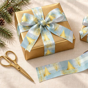 Christmas Gift Wrap Gold Pine & Pastel Plaid Satin Ribbon