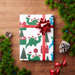 CHRISTMAS GIFT WRAP WITH DINOSAURS WITH SANTA HATS