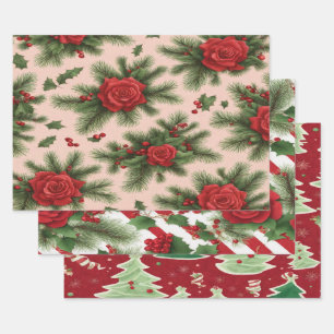Christmas gift wrapping papers + in red and green wrapping paper sheet