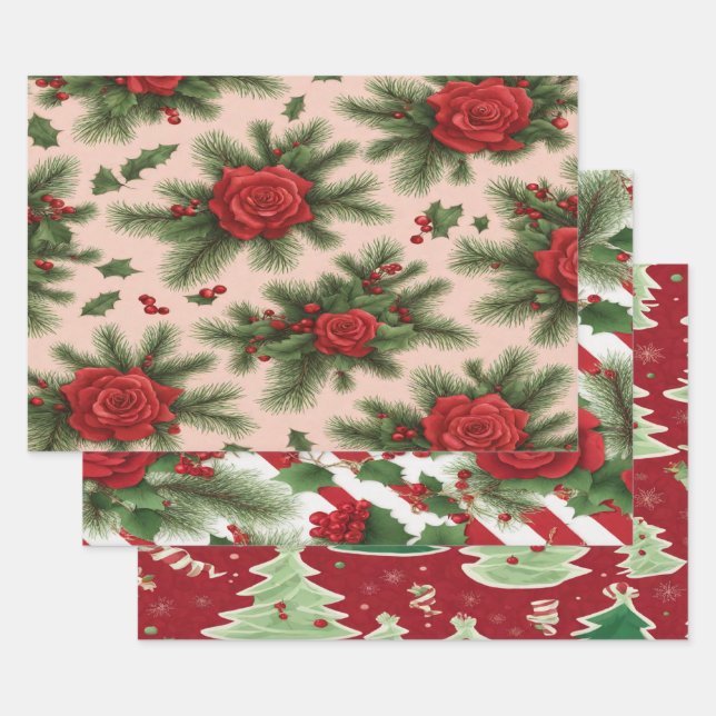 Christmas gift wrapping papers + in red and green wrapping paper sheet (Set)