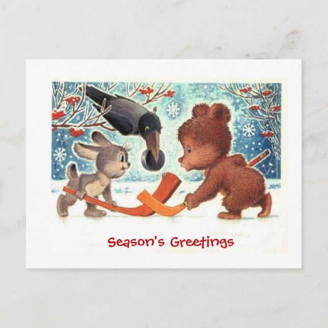 Christmas gifts, Animals playing ice hockey Holiday Postcard (Front)