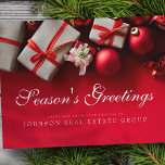 Christmas Gifts in Red | Season's Greetings Postcard<br><div class="desc">Your business logo can be added

Available here:
http://www.zazzle.com/store/selectpartysupplies</div>
