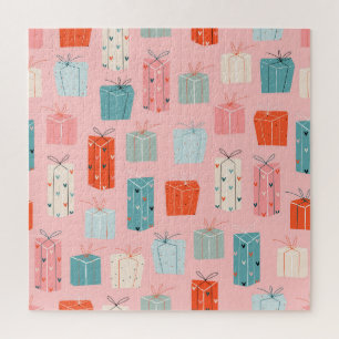 Christmas gifts, pink background, vintage pattern. jigsaw puzzle