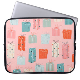 Christmas gifts, pink background, vintage pattern. laptop sleeve