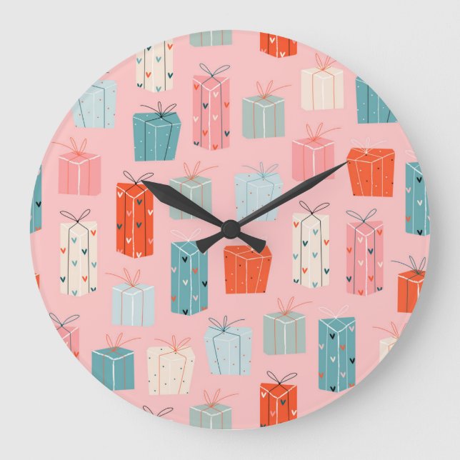 Christmas gifts, pink background, vintage pattern. large clock (Front)