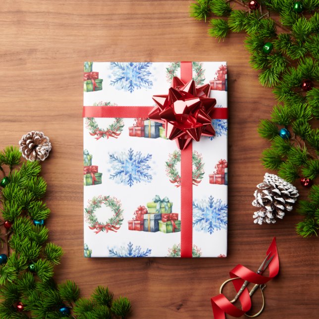Christmas Gifts, Wreaths and Snowflakes Wrapping Paper (Holiday Gift)