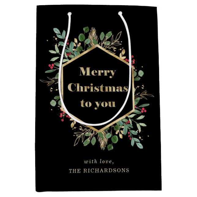 Christmas Gilded Greenery on Black | Holiday Medium Gift Bag (Front)