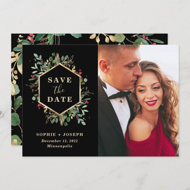 Christmas Gilded Greenery on Black | Photo Save The Date (Front/Back)