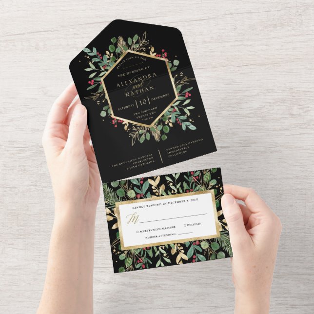 Christmas Gilded Greenery on Black Wedding All In One Invitation (Tearaway)