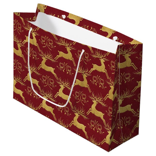 Christmas Gilded Leather Reindeer Red Large Gift Bag (Front Angled)
