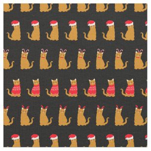 Christmas Ginger Cat Santa Hats Pattern on Black Fabric