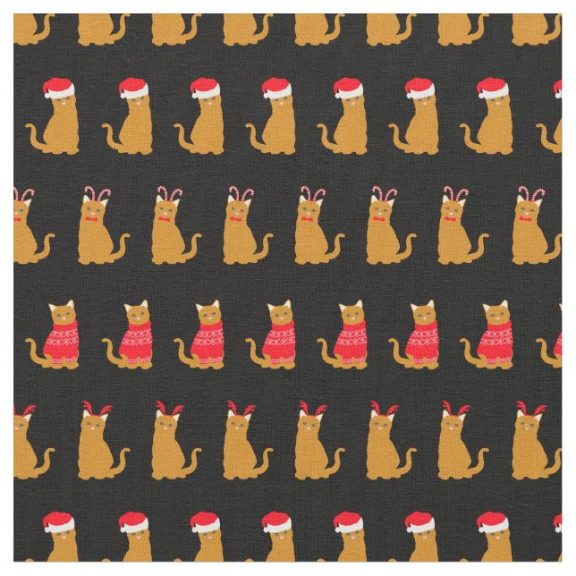 Christmas Ginger Cat Santa Hats Pattern on Black Fabric (Close Up)