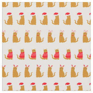 Christmas Ginger Cat Santa Hats Pattern on White Fabric