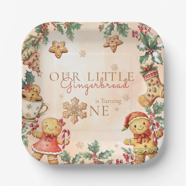 Christmas Gingerbread Birthday One Paper Plate (Front)