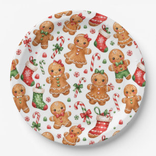 Christmas Gingerbread Boy and Girl with Stockings Paper Plate