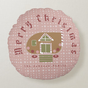Christmas Gingerbread Camper Holiday Round Cushion