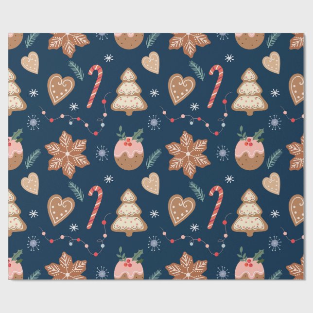 Christmas Gingerbread Cookie Navy Seamless pattern Wrapping Paper (Flat)