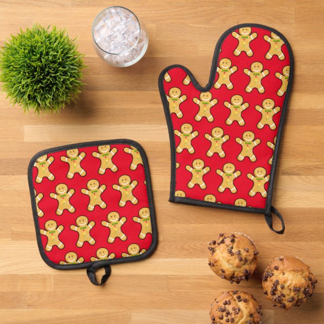 Christmas gingerbread cookie oven mitt & pot holder set (Top Down)