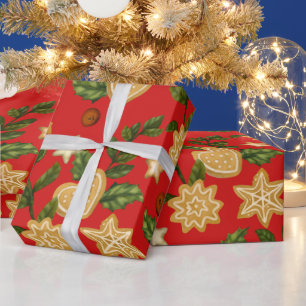 Christmas Gingerbread Cookies and Berries Red  Wrapping Paper