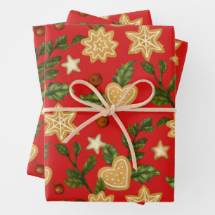 Christmas Gingerbread Cookies and Berries Red Wrapping Paper Sheet