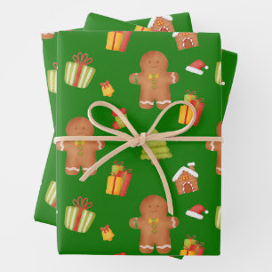 Christmas Gingerbread Cookies and Gifts Green  Wrapping Paper Sheet