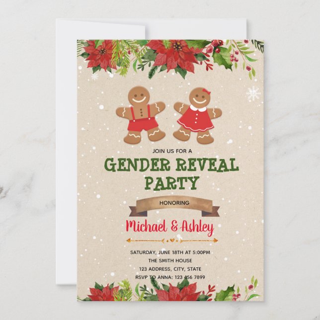 Christmas gingerbread cookies gender reveal invite (Front)