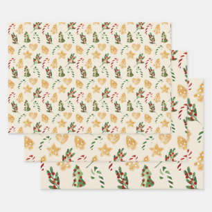Christmas Gingerbread Cookies Mistletoe Pine Tree Wrapping Paper Sheet