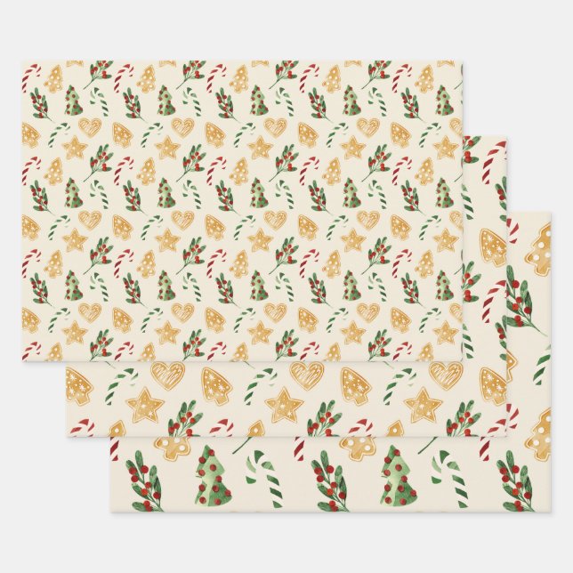 Christmas Gingerbread Cookies Mistletoe Pine Tree Wrapping Paper Sheet (Set)