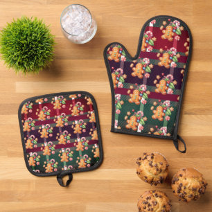 Christmas Gingerbread Cookies Plaid Holiday Pastel Oven Mitt & Pot Holder Set