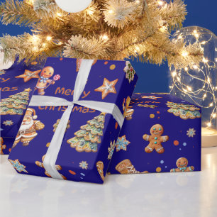 Christmas Gingerbread Fun Cute Navy Wrapping Paper