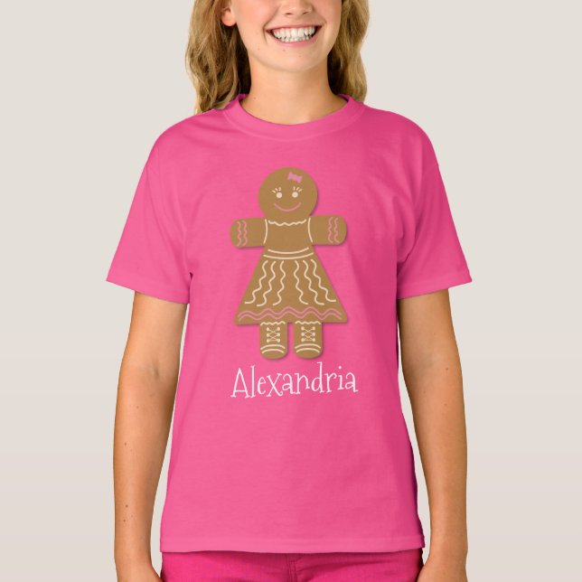 Christmas Gingerbread Girl Pink Add Your Name T-Shirt (Front)