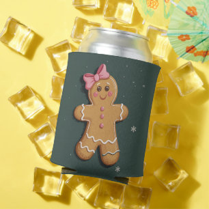 Christmas Gingerbread Girl Pink Bow Coquette  Can Cooler