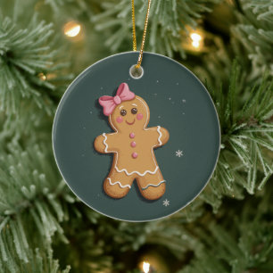 Christmas Gingerbread Girl Pink Bow Coquette Ceramic Tree Decoration
