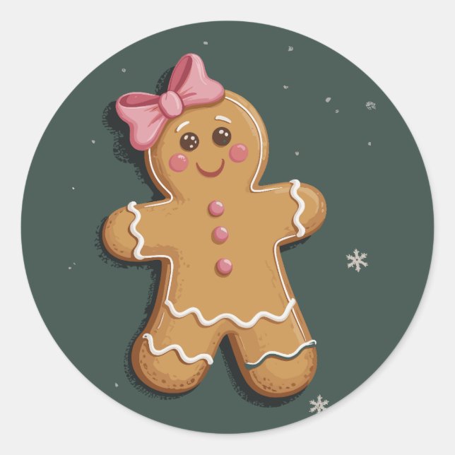 Christmas Gingerbread Girl Pink Bow Coquette  Classic Round Sticker (Front)