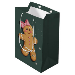 Christmas Gingerbread Girl Pink Bow Coquette  Medium Gift Bag