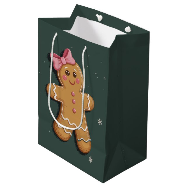 Christmas Gingerbread Girl Pink Bow Coquette  Medium Gift Bag (Front Angled)