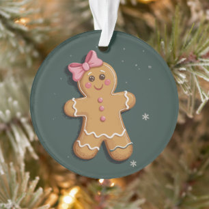 Christmas Gingerbread Girl Pink Bow Coquette  Ornament