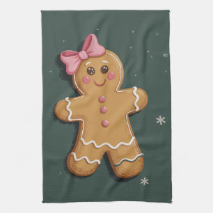 Christmas Gingerbread Girl Pink Bow Coquette  Tea Towel