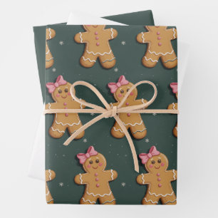 Christmas Gingerbread Girl Pink Bow Coquette  Wrapping Paper Sheet
