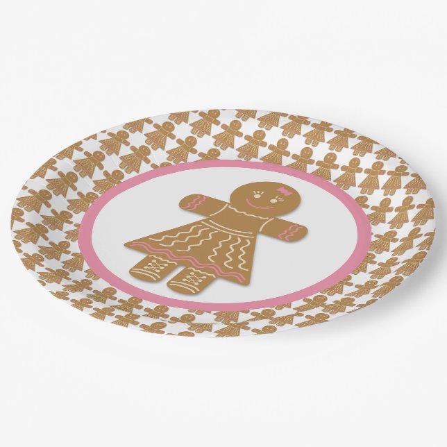 Christmas Gingerbread Girl White and Pink Paper Plate (Angled)