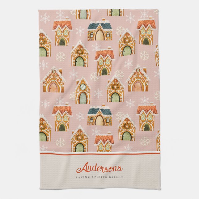 Christmas Gingerbread House Cookie Pink Tea Towel (Vertical)