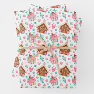 Christmas Gingerbread House, Cupcakes, Candy  Wrapping Paper Sheet