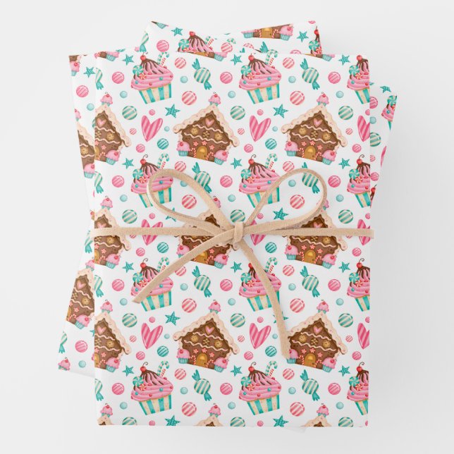 Christmas Gingerbread House, Cupcakes, Candy  Wrapping Paper Sheet (In situ)