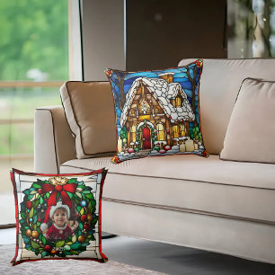 Christmas Gingerbread House Faux Stained Glass Cushion