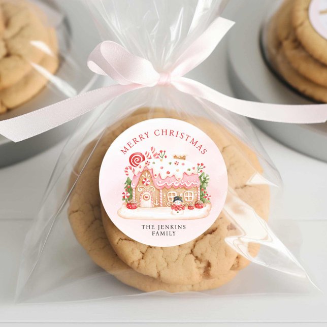 Christmas Gingerbread House Gift Classic Round Sticker (Merry Christmas Gingerbread Personalized Round Stickers)
