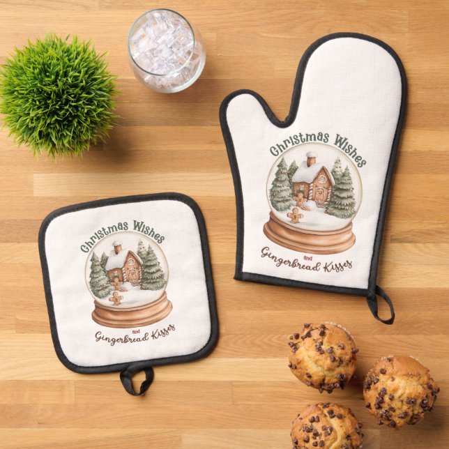Christmas Gingerbread House Holiday Snow Globe Oven Mitt & Pot Holder Set (Top Down)