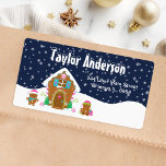 Christmas Gingerbread House Pink and Navy Label<br><div class="desc">This cute and festive address label features a cute gingerbread house decorated with pink and green candy. Beside it are adorable gingerbread men with gifts, dressed in Santa hats and a scarf. In the background is a navy blue winter sky with elegant falling snowflakes. This is perfect for Christmas and...</div>